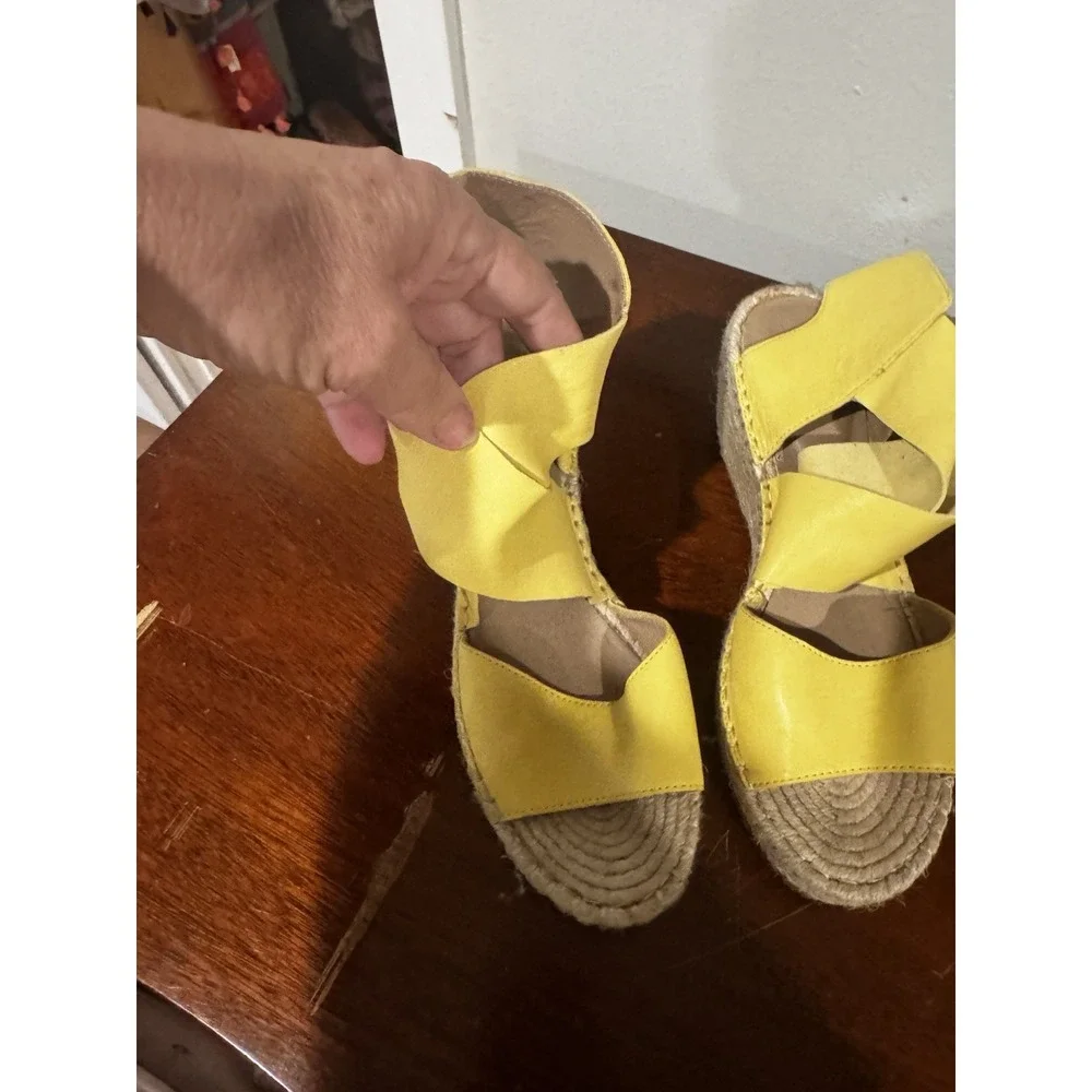 Eileen Fisher Yellow Wedge Sandals Leather Espadrille Criss Cross Women's Sz 9